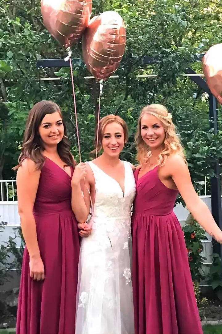 V-Neck Bridesmaid Dress Long with Slit Chiffon A-line Pleated Formal Dresses for Women WD1932P