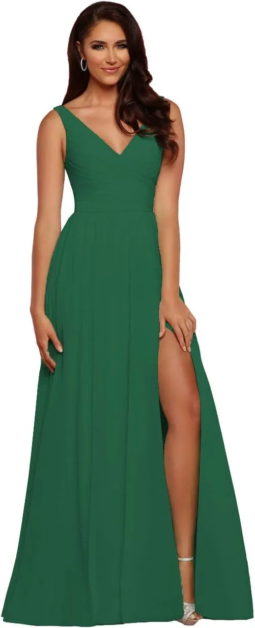 V-Neck Bridesmaid Dress Long with Slit Chiffon A-line Pleated Formal Dresses for Women WD1932P