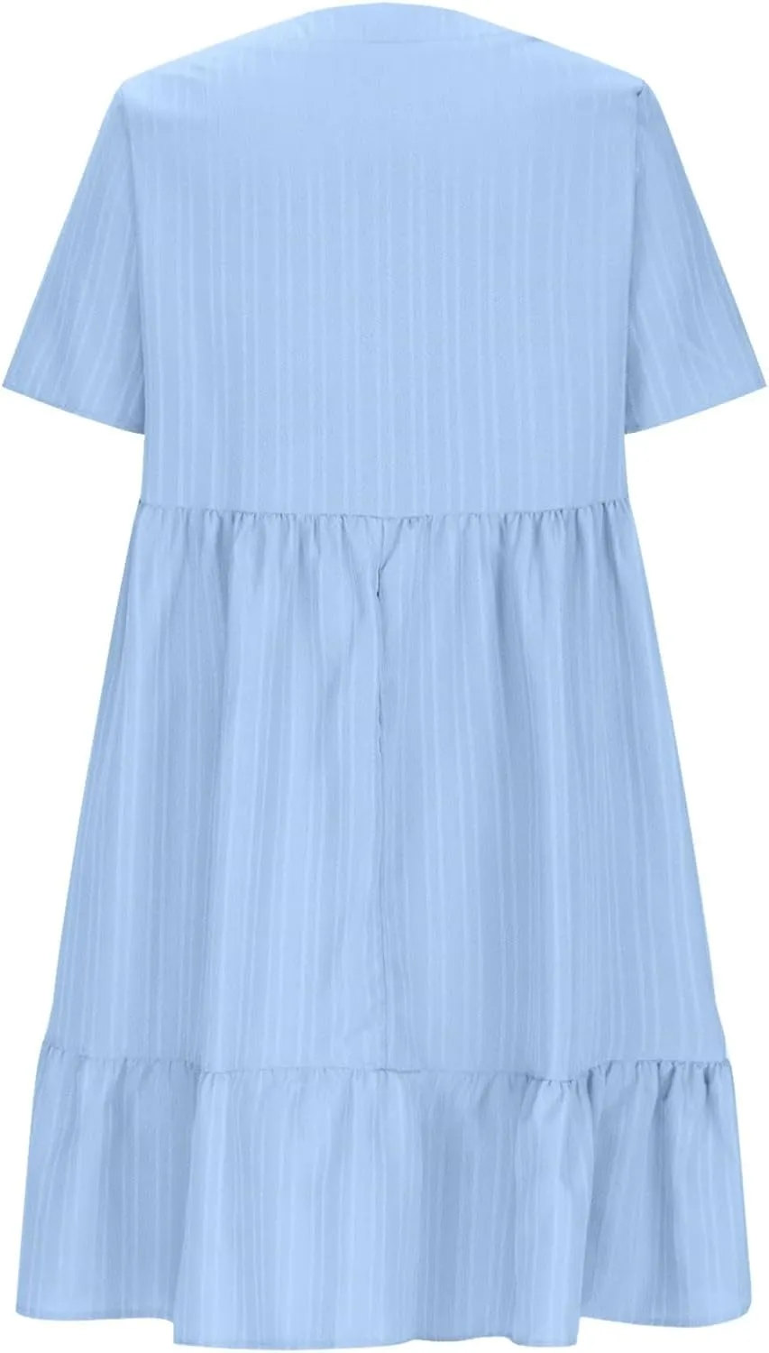 Vacation Dresses for Women 2025 Summer Loose Fit V Neck Short Sleeve Mini Dress Flowy Pleated Ruffle Hem Dress