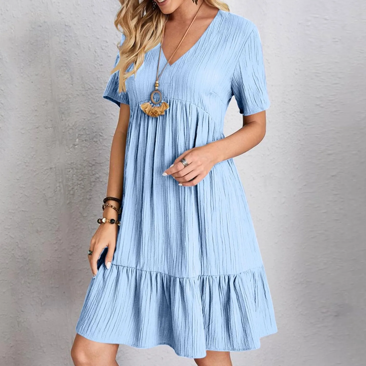 Vacation Dresses for Women 2025 Summer Loose Fit V Neck Short Sleeve Mini Dress Flowy Pleated Ruffle Hem Dress