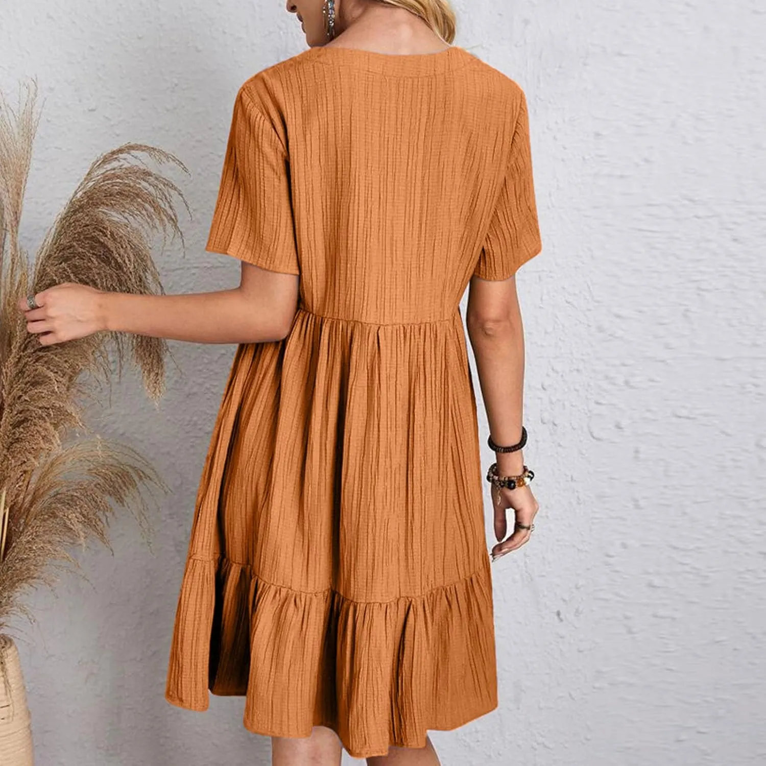 Vacation Dresses for Women 2025 Summer Loose Fit V Neck Short Sleeve Mini Dress Flowy Pleated Ruffle Hem Dress