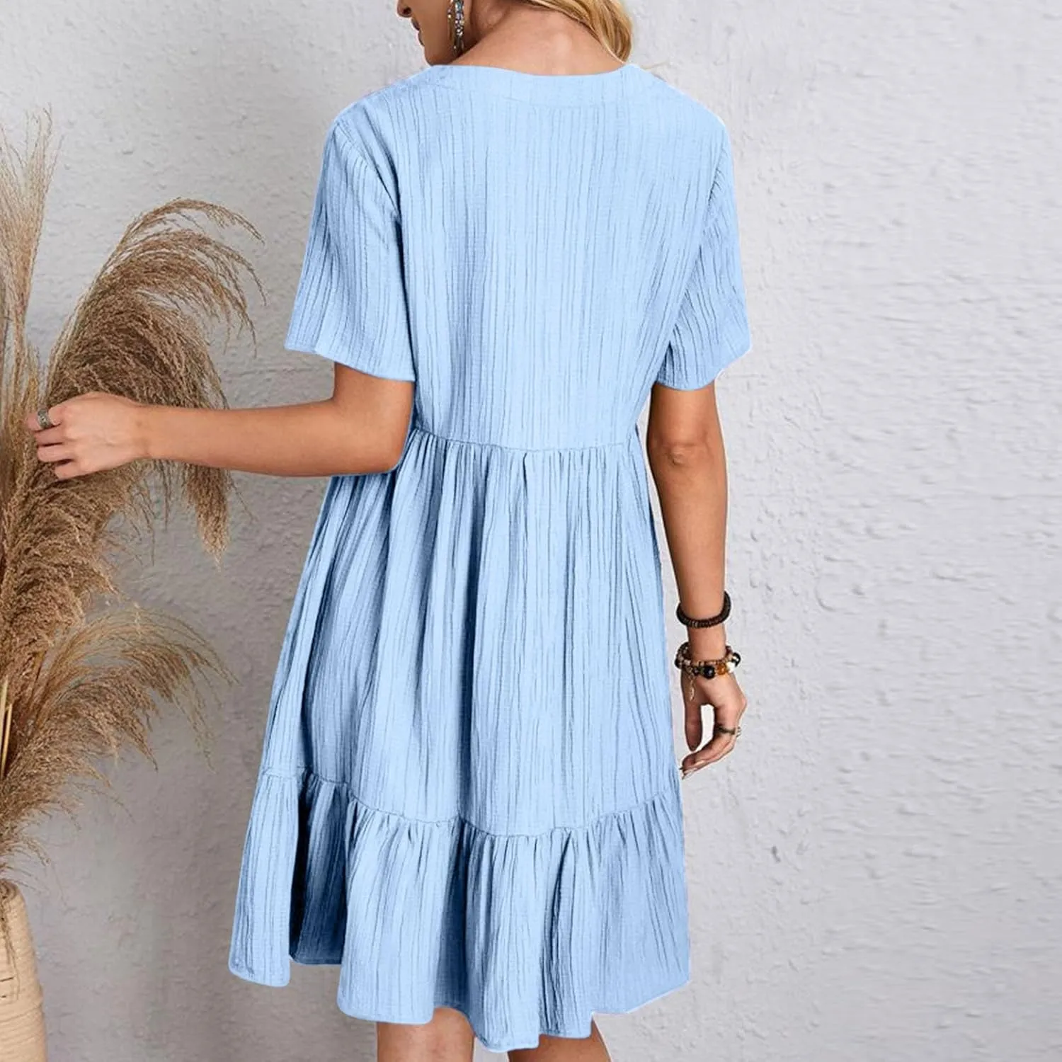 Vacation Dresses for Women 2025 Summer Loose Fit V Neck Short Sleeve Mini Dress Flowy Pleated Ruffle Hem Dress