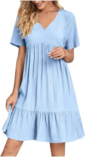 Vacation Dresses for Women 2025 Summer Loose Fit V Neck Short Sleeve Mini Dress Flowy Pleated Ruffle Hem Dress