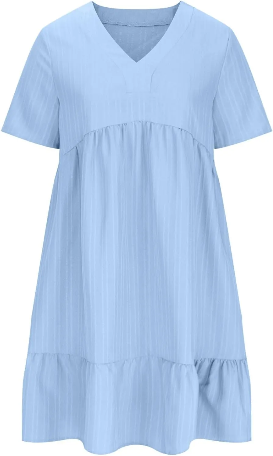 Vacation Dresses for Women 2025 Summer Loose Fit V Neck Short Sleeve Mini Dress Flowy Pleated Ruffle Hem Dress