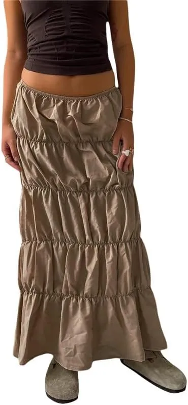 Vintage Grunge Long Skirts Low Waist Aesthetic Asymmetrical Loose Midi Skirts Patchwork A Line Pleated Y2K Maxi Skirts