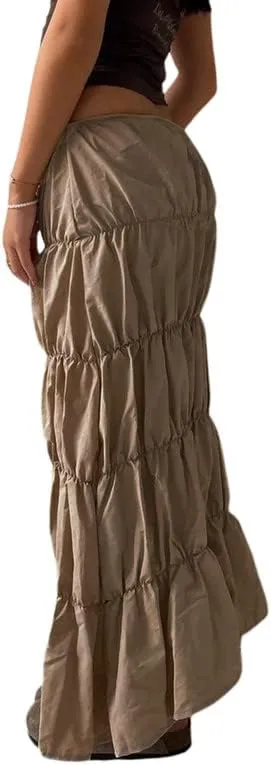 Vintage Grunge Long Skirts Low Waist Aesthetic Asymmetrical Loose Midi Skirts Patchwork A Line Pleated Y2K Maxi Skirts