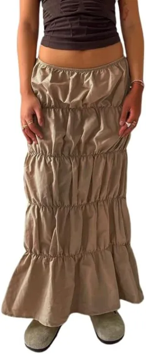 Vintage Grunge Long Skirts Low Waist Aesthetic Asymmetrical Loose Midi Skirts Patchwork A Line Pleated Y2K Maxi Skirts