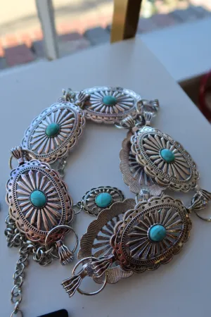 Western Stone Concho Link Belt - Adjustable Silver Accent