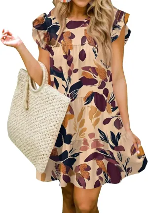 Women Babydoll Summer Casual Crew Neck Ruffle Sleeve Sleeveless Flowy Mini Short Tunic Dress Floral Print Pleated Dress1-Deep Red,XX-Large