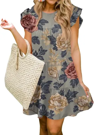 Women Babydoll Summer Casual Crew Neck Ruffle Sleeve Sleeveless Flowy Mini Short Tunic Dress Floral Print Pleated Dress3-Gray,XX-Large