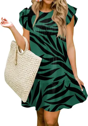 Women Babydoll Summer Casual Crew Neck Ruffle Sleeve Sleeveless Flowy Mini Short Tunic Dress Floral Print Pleated Dress5-Dark Green,Medium