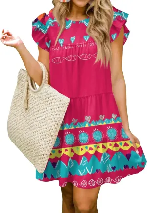 Women Babydoll Summer Casual Crew Neck Ruffle Sleeve Sleeveless Flowy Mini Short Tunic Dress Floral Print Pleated Dress5-Hot Pink,XX-Large