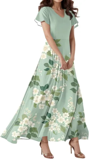 Women Beach Fashion,Women's Loose Casual V-Neck Short Sleeved High Waisted Print Chiffon Dress