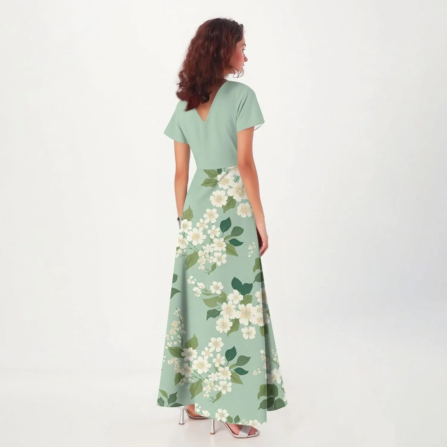 Women Beach Fashion,Women's Loose Casual V-Neck Short Sleeved High Waisted Print Chiffon Dress