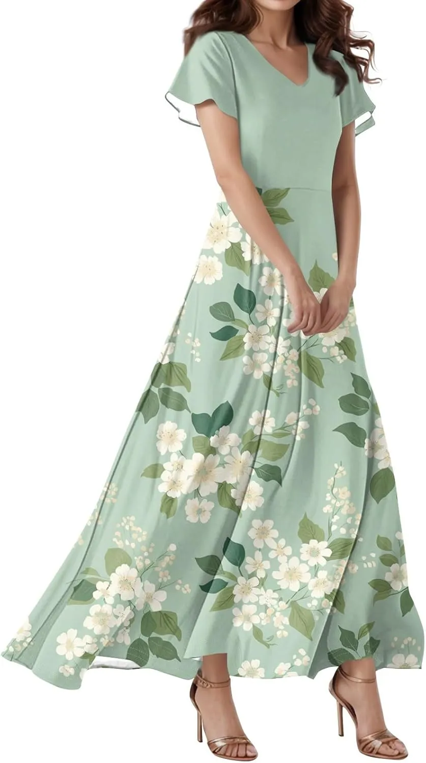 Women Beach Fashion,Women's Loose Casual V-Neck Short Sleeved High Waisted Print Chiffon Dress