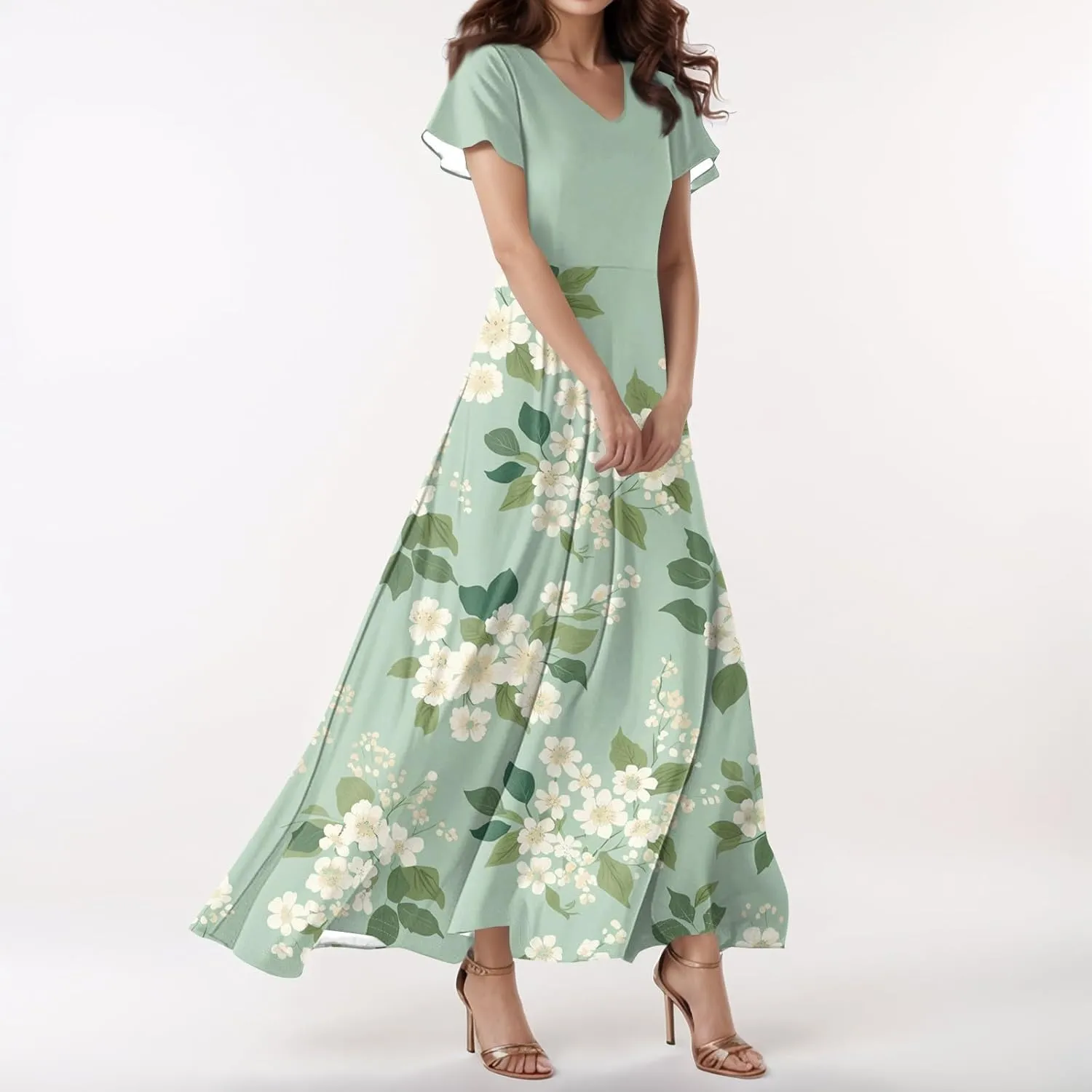 Women Beach Fashion,Women's Loose Casual V-Neck Short Sleeved High Waisted Print Chiffon Dress