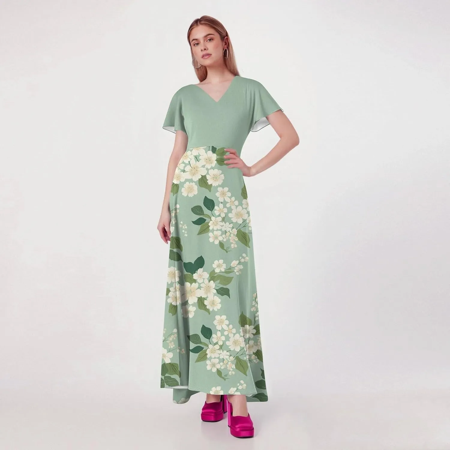Women Beach Fashion,Women's Loose Casual V-Neck Short Sleeved High Waisted Print Chiffon Dress