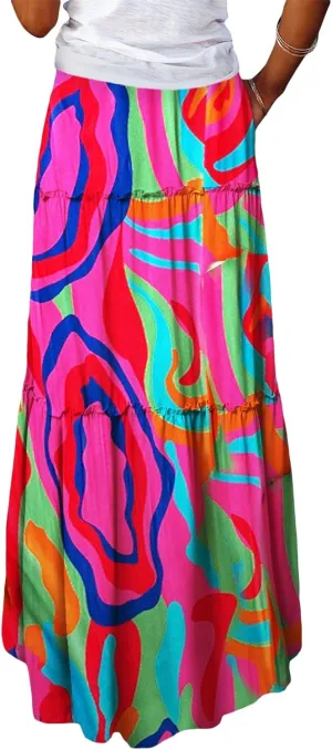 Women Bohemian Maxi Skirts Vintage Elastic High Waist A-Line Skirts Tiered Long Flowy Skirts with Pockets