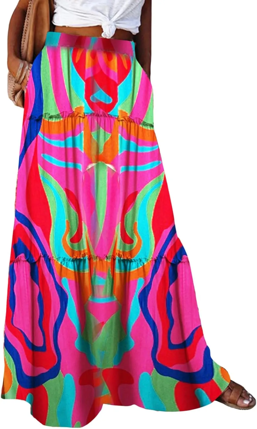 Women Bohemian Maxi Skirts Vintage Elastic High Waist A-Line Skirts Tiered Long Flowy Skirts with Pockets