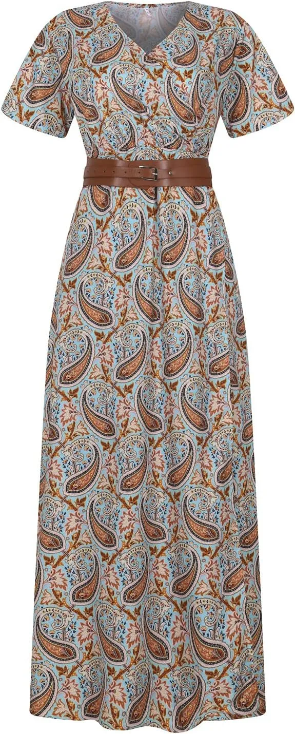 Women Boho Dresses 2024 Summer Short Sleeve Floral Long Dress with Belt Ladies Party Evening Casual Maxi Dress