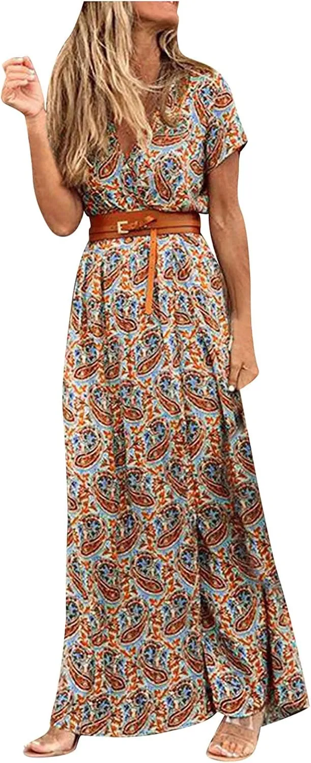 Women Boho Dresses 2024 Summer Short Sleeve Floral Long Dress with Belt Ladies Party Evening Casual Maxi Dress