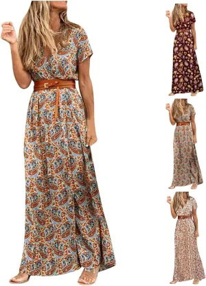 Women Boho Dresses 2024 Summer Short Sleeve Floral Long Dress with Belt Ladies Party Evening Casual Maxi Dress