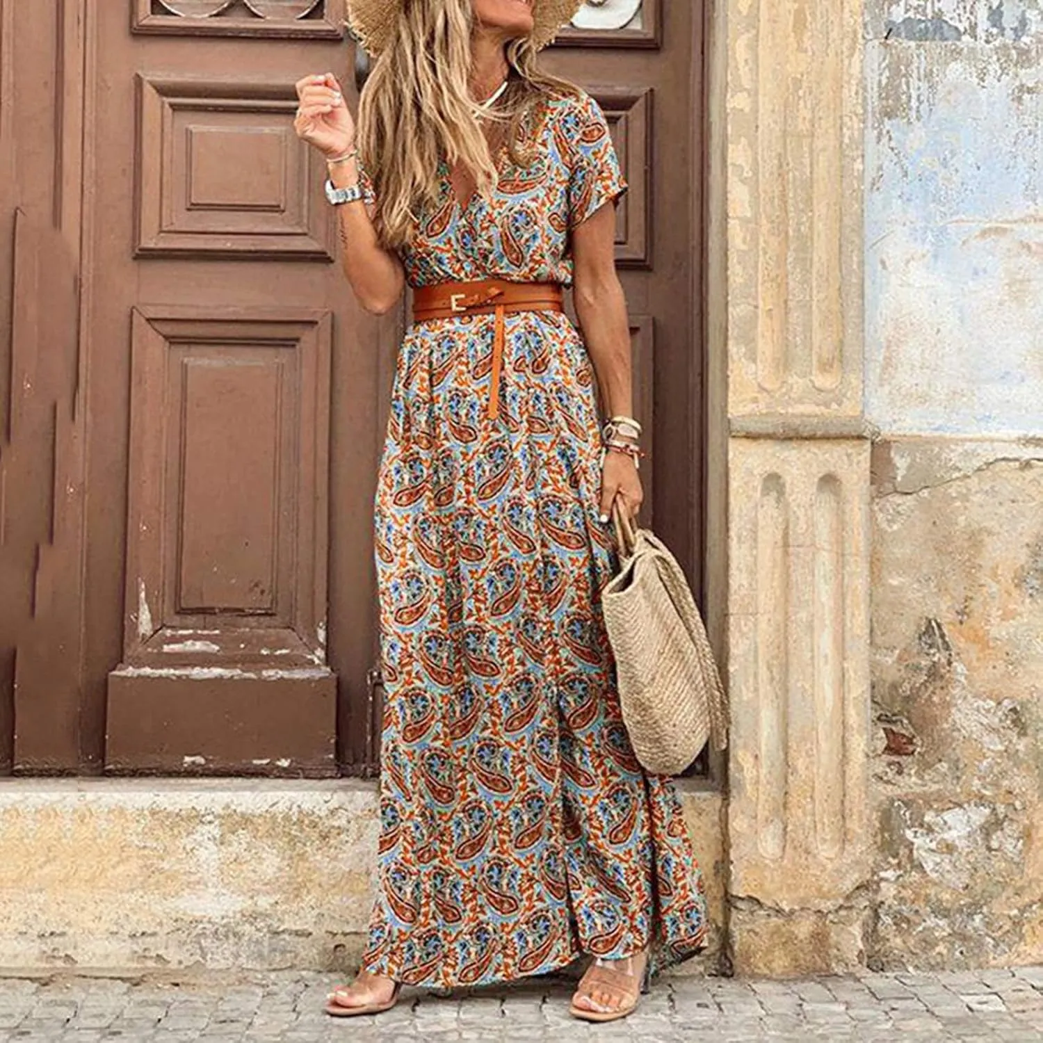 Women Boho Dresses 2024 Summer Short Sleeve Floral Long Dress with Belt Ladies Party Evening Casual Maxi Dress