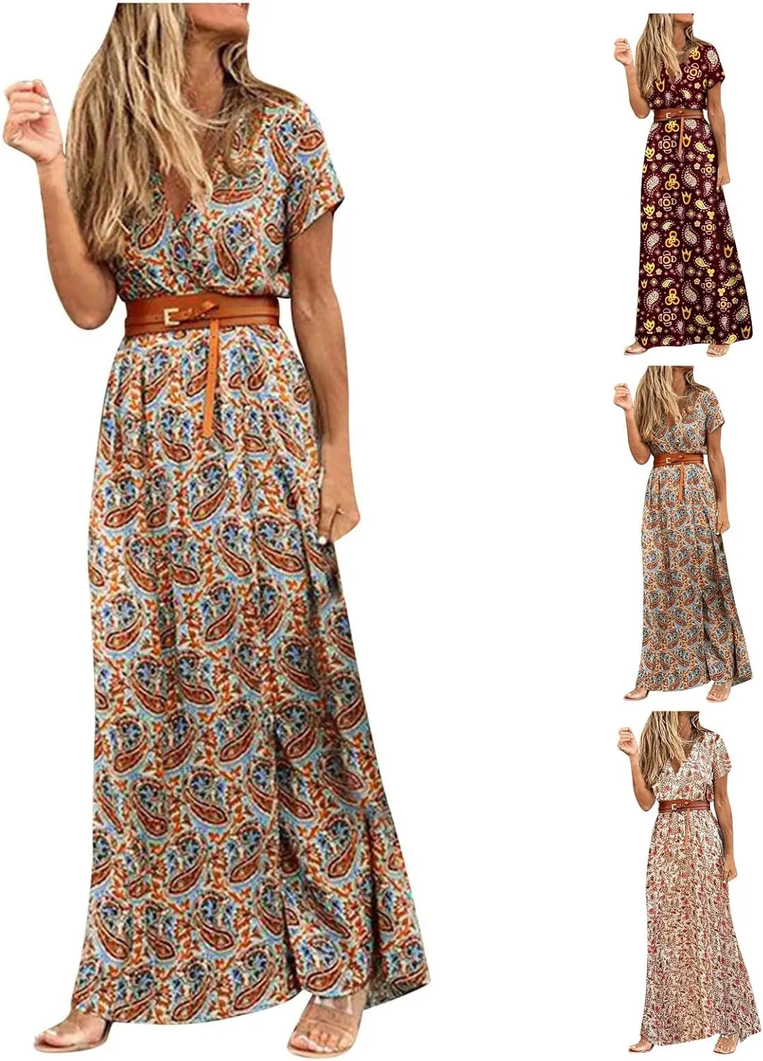 Women Boho Dresses 2024 Summer Short Sleeve Floral Long Dress with Belt Ladies Party Evening Casual Maxi Dress