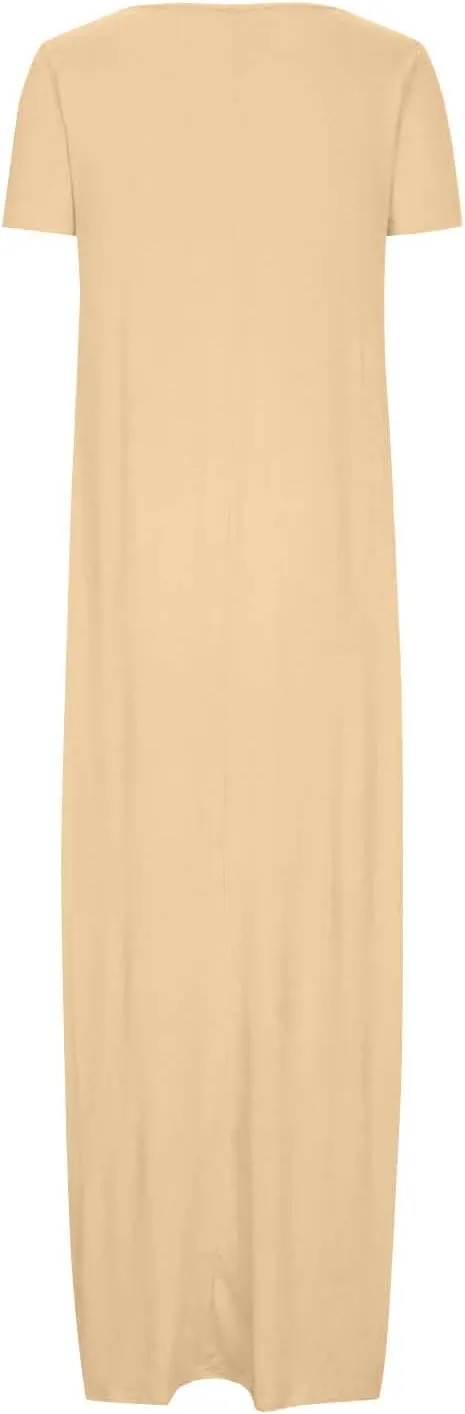 Women Boho Summer Maxi Dress 2025 Short Sleeve Casual Long Dresses Plain Crew Neck Beach Vacation A Line Sundress
