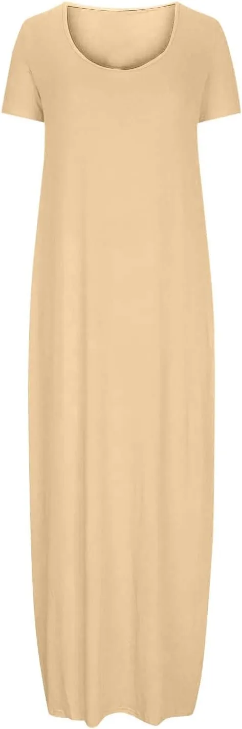 Women Boho Summer Maxi Dress 2025 Short Sleeve Casual Long Dresses Plain Crew Neck Beach Vacation A Line Sundress