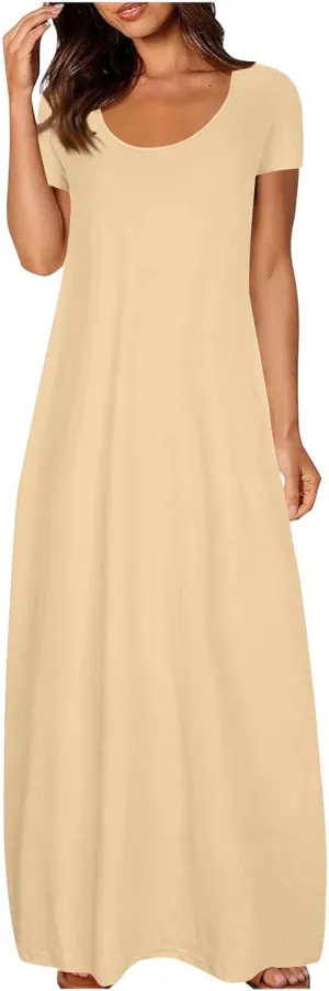 Women Boho Summer Maxi Dress 2025 Short Sleeve Casual Long Dresses Plain Crew Neck Beach Vacation A Line Sundress