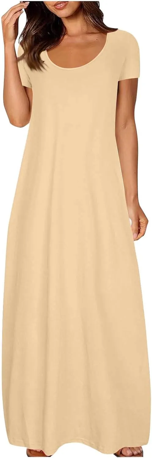 Women Boho Summer Maxi Dress 2025 Short Sleeve Casual Long Dresses Plain Crew Neck Beach Vacation A Line Sundress