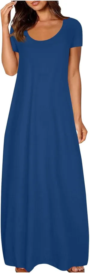 Women Boho Summer Maxi Dress 2025 Short Sleeve Casual Long Dresses Plain Crew Neck Beach Vacation A Line Sundress
