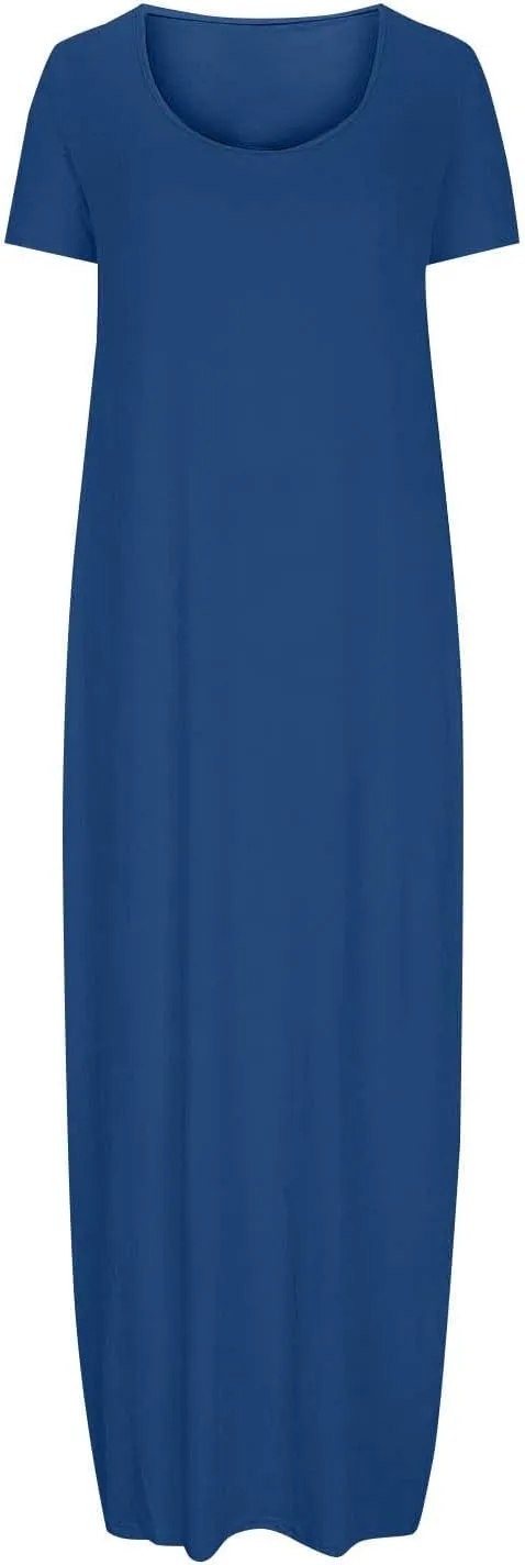 Women Boho Summer Maxi Dress 2025 Short Sleeve Casual Long Dresses Plain Crew Neck Beach Vacation A Line Sundress