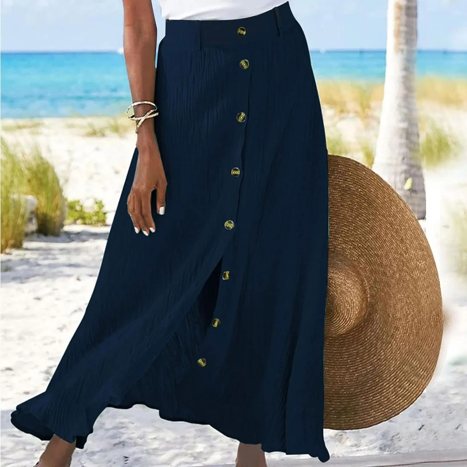 Women Casual Beach Skirts Front Button Flowy Boho Summer Skirt Lightweight High Waist A Line Maxi Skirt Half Dress