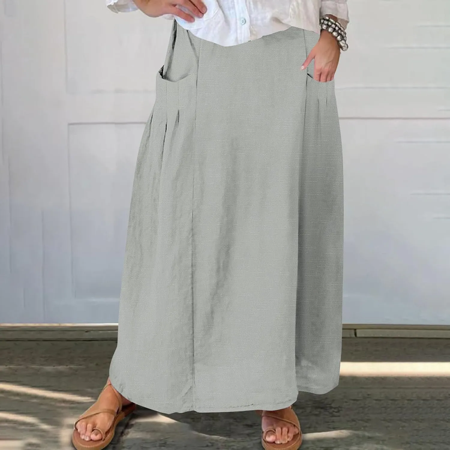 Women Casual Skirts with Pockets Plus Size Maxi Skirts High Waist Pleated Skirt Long A-Line Skirts Flowy Travel Skirt