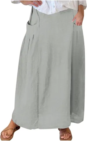 Women Casual Skirts with Pockets Plus Size Maxi Skirts High Waist Pleated Skirt Long A-Line Skirts Flowy Travel Skirt