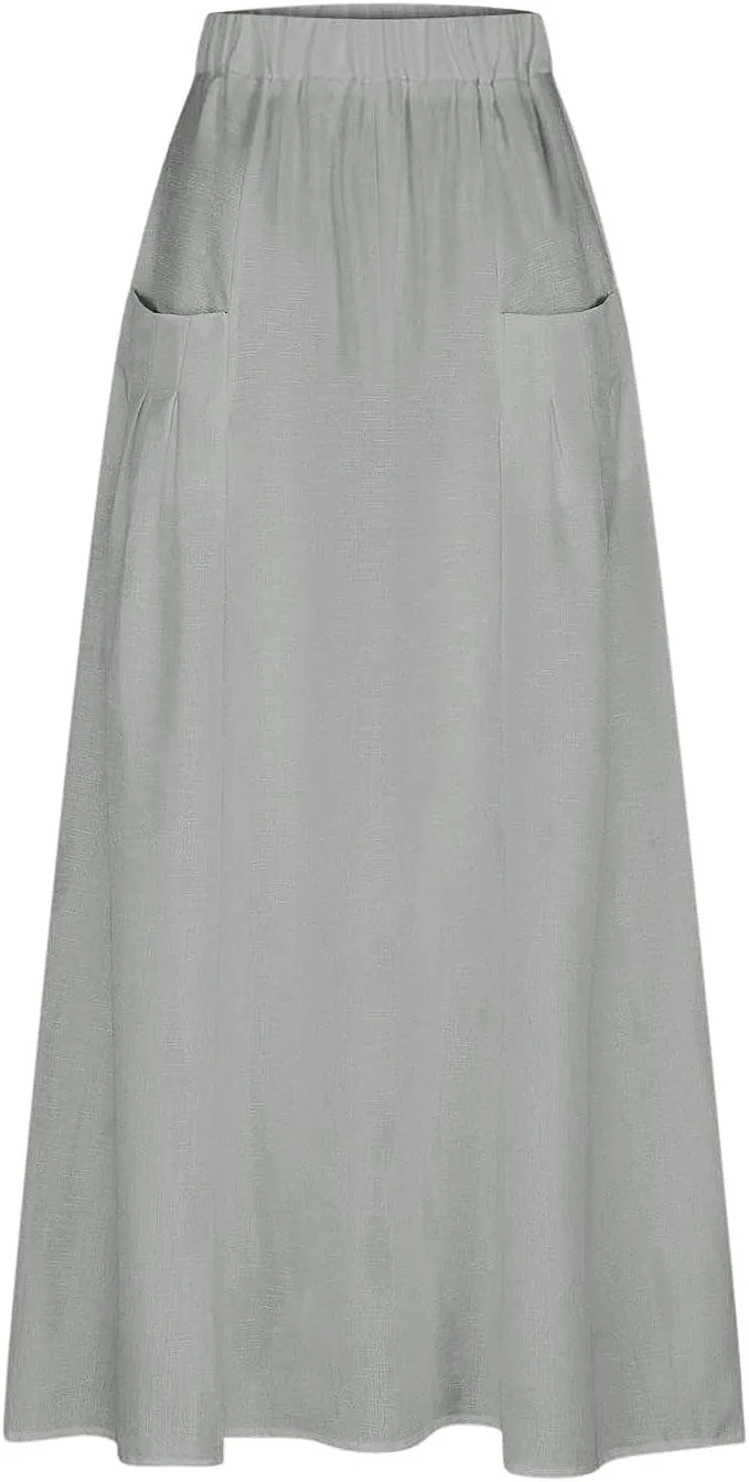Women Casual Skirts with Pockets Plus Size Maxi Skirts High Waist Pleated Skirt Long A-Line Skirts Flowy Travel Skirt