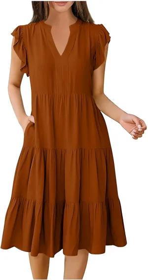 Women Casual Sundresses Ruffle Sleeveless V Neck Midi Dress Soft Tiered Babydoll Summer Dresses Wedding Guest Dress