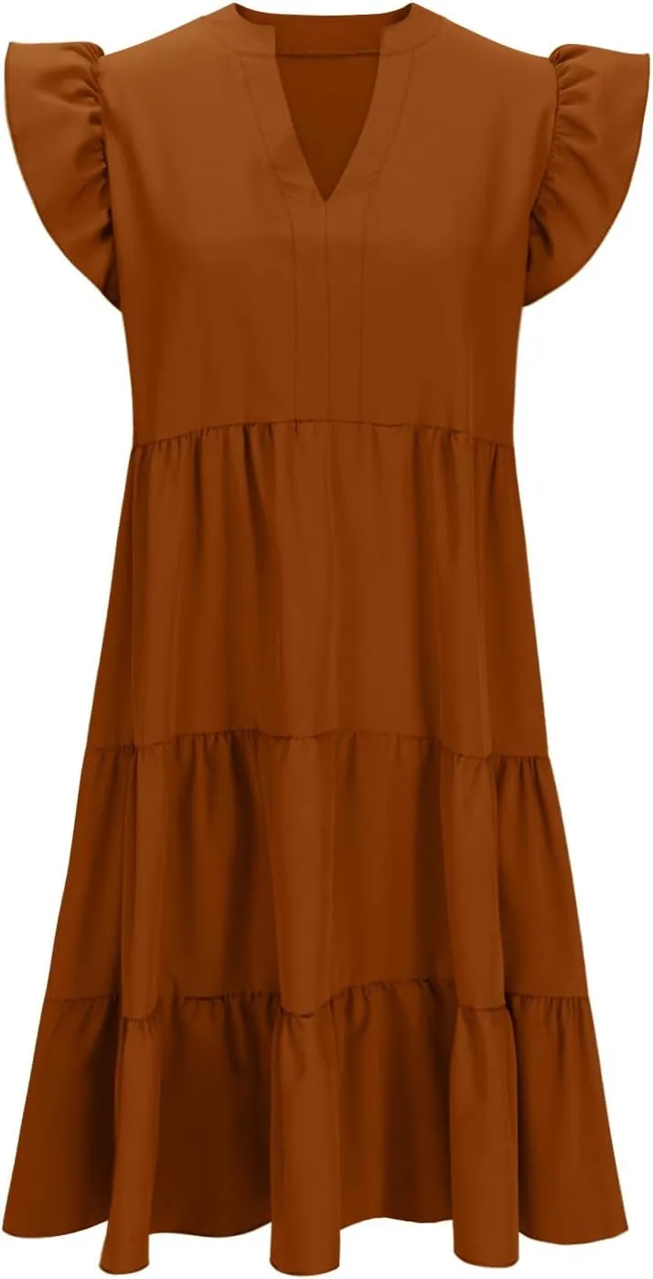 Women Casual Sundresses Ruffle Sleeveless V Neck Midi Dress Soft Tiered Babydoll Summer Dresses Wedding Guest Dress