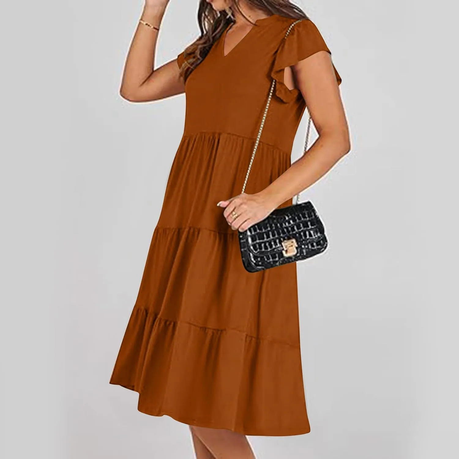 Women Casual Sundresses Ruffle Sleeveless V Neck Midi Dress Soft Tiered Babydoll Summer Dresses Wedding Guest Dress