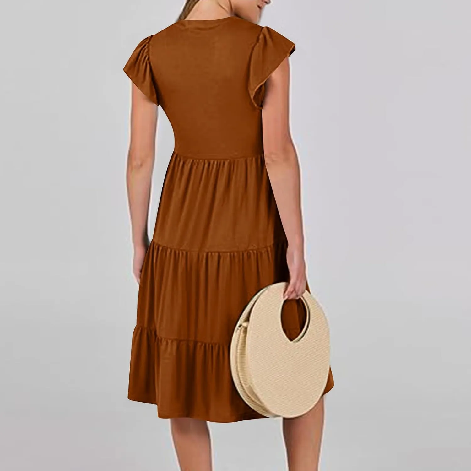 Women Casual Sundresses Ruffle Sleeveless V Neck Midi Dress Soft Tiered Babydoll Summer Dresses Wedding Guest Dress