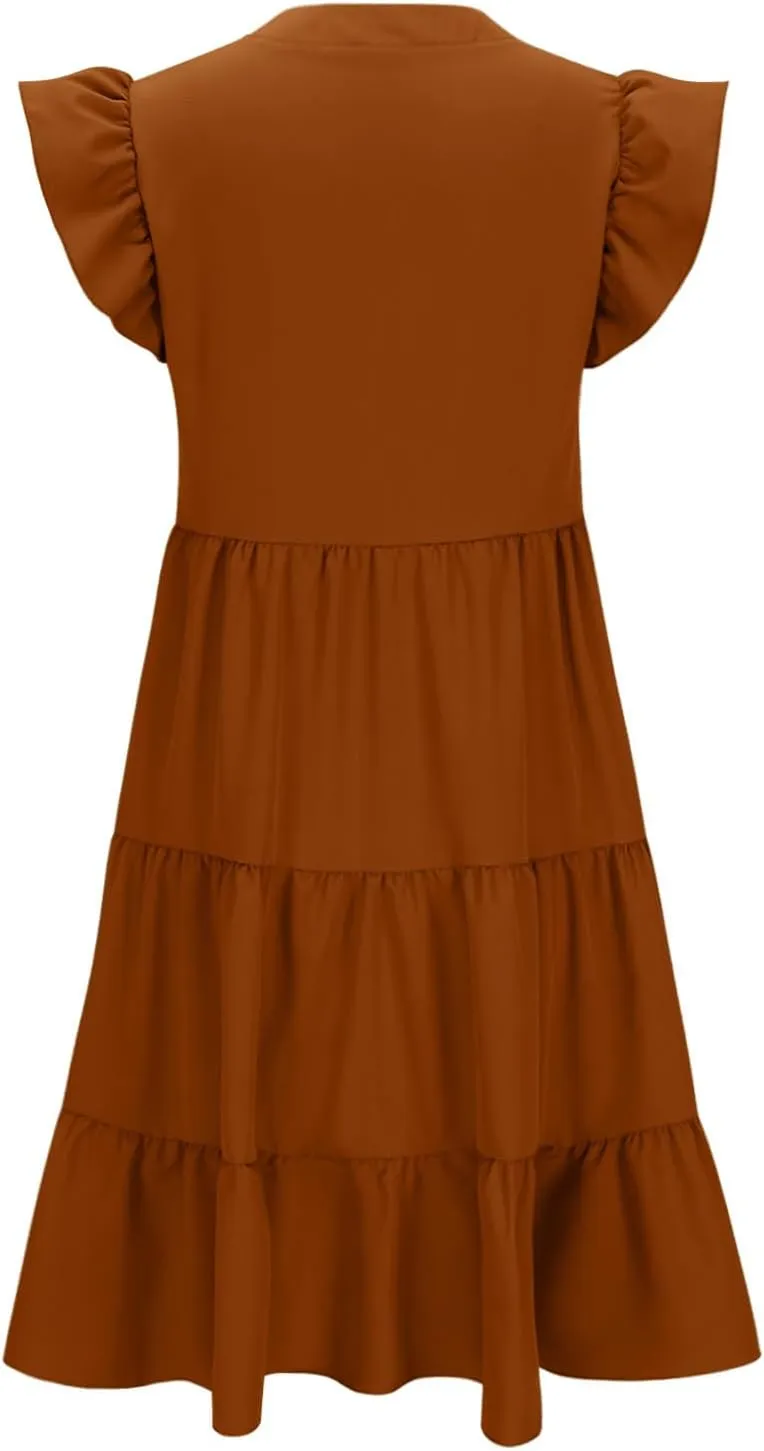Women Casual Sundresses Ruffle Sleeveless V Neck Midi Dress Soft Tiered Babydoll Summer Dresses Wedding Guest Dress
