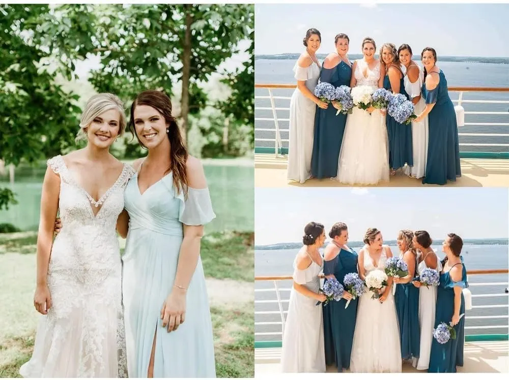 Women Chiffon Long Bridesmaid Dresses Ruffle Sleeve Slit Formal Evening Party Gown with Pocket TB95