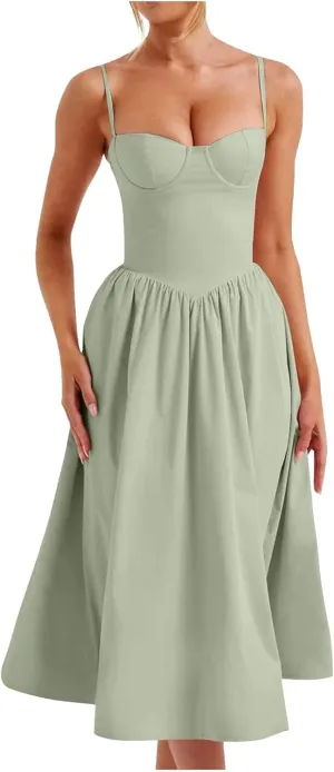 Women Corset Dress Sexy Spaghetti Strap Bustier Midi Dress Low Cut Flowy Pleated Hem Elegant Formal Dresses with Pockets