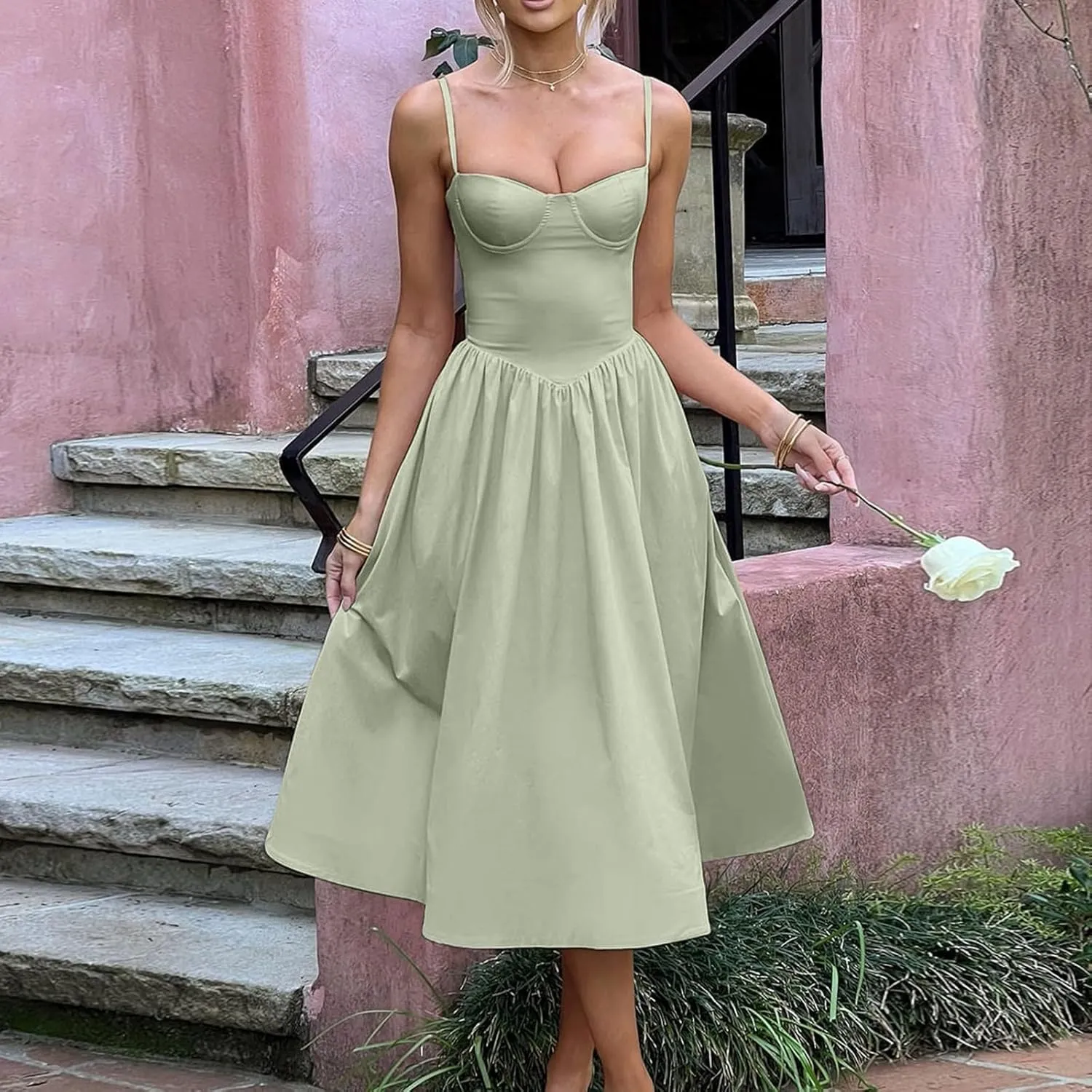 Women Corset Dress Sexy Spaghetti Strap Bustier Midi Dress Low Cut Flowy Pleated Hem Elegant Formal Dresses with Pockets