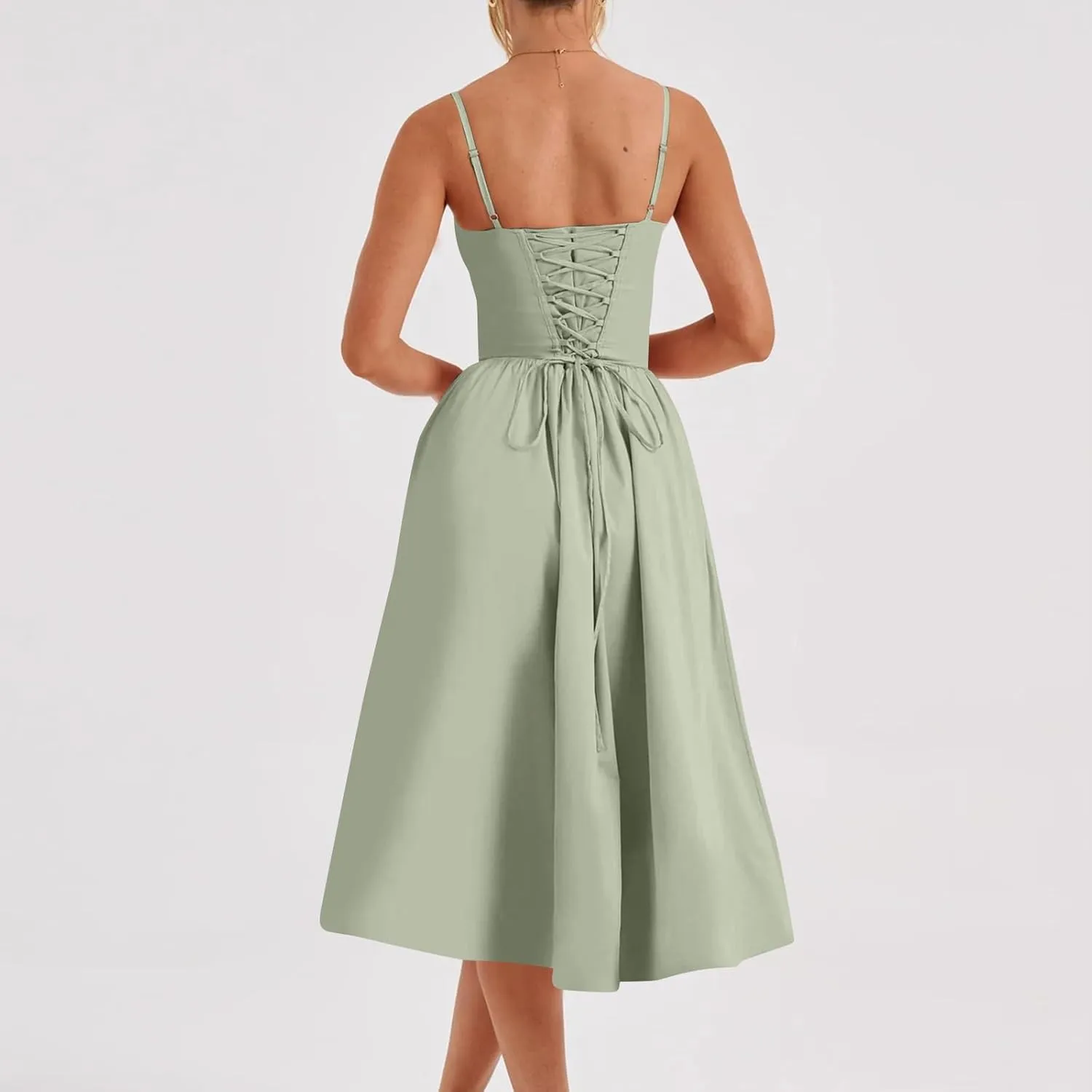 Women Corset Dress Sexy Spaghetti Strap Bustier Midi Dress Low Cut Flowy Pleated Hem Elegant Formal Dresses with Pockets
