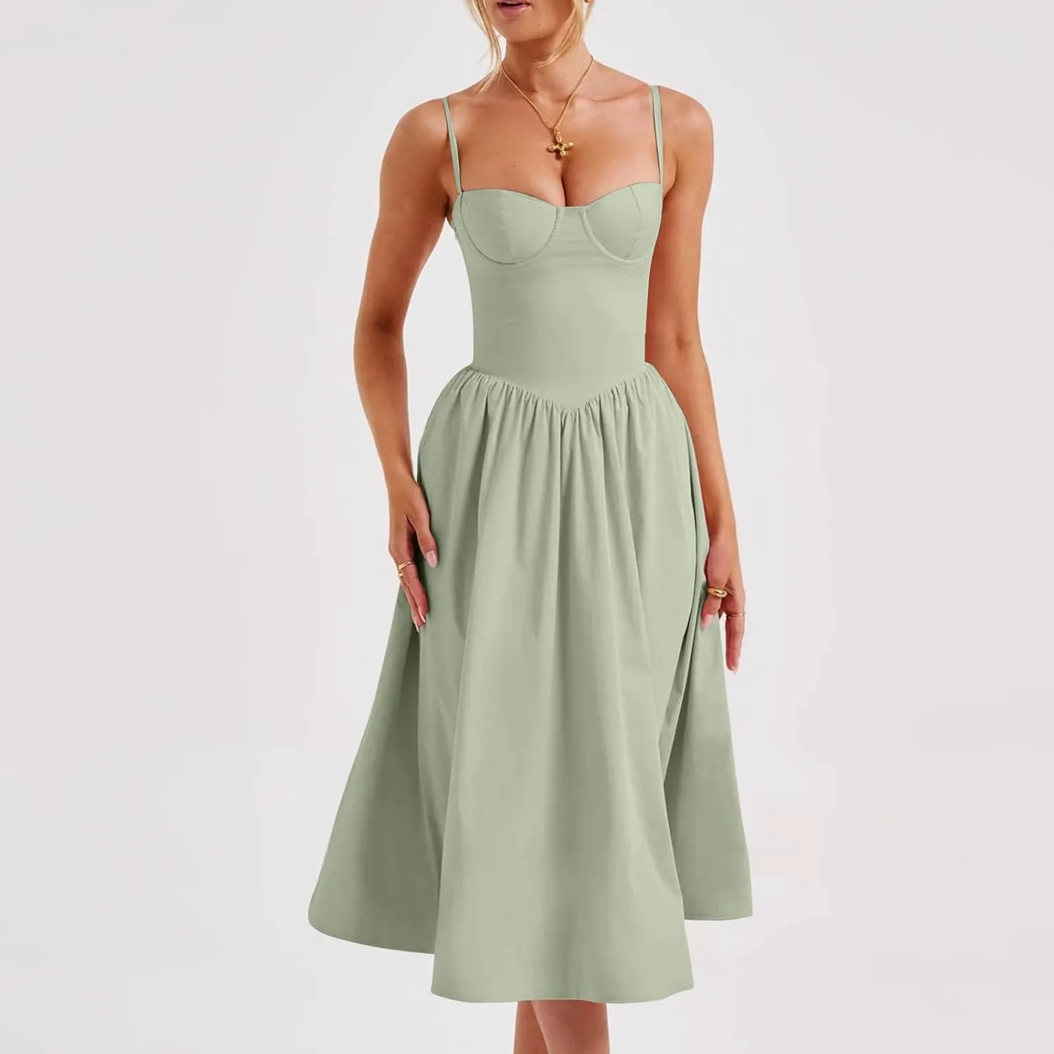 Women Corset Dress Sexy Spaghetti Strap Bustier Midi Dress Low Cut Flowy Pleated Hem Elegant Formal Dresses with Pockets