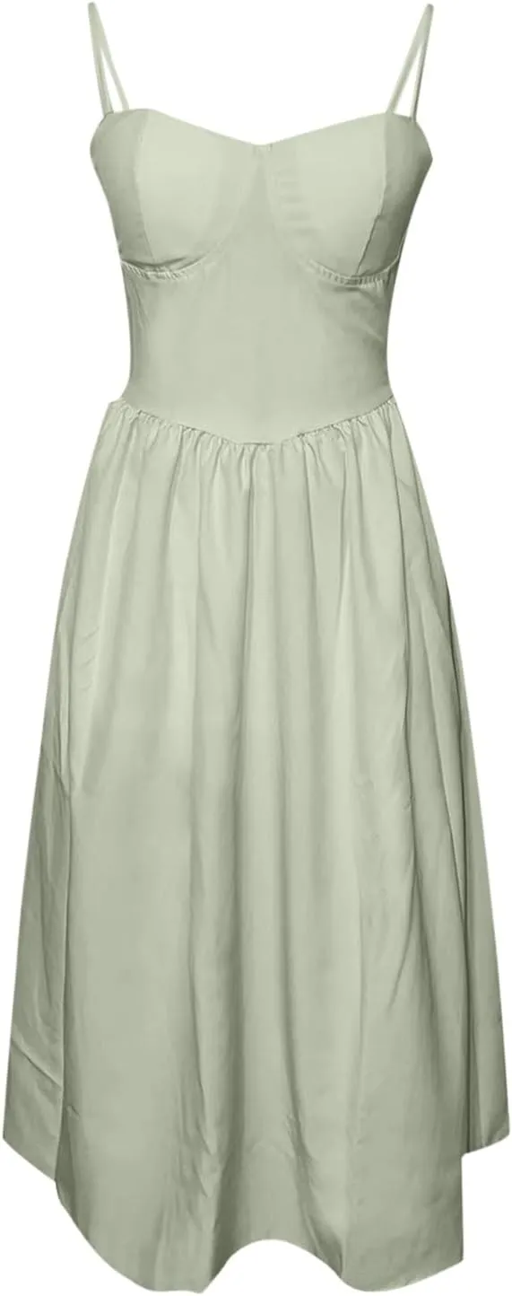 Women Corset Dress Sexy Spaghetti Strap Bustier Midi Dress Low Cut Flowy Pleated Hem Elegant Formal Dresses with Pockets
