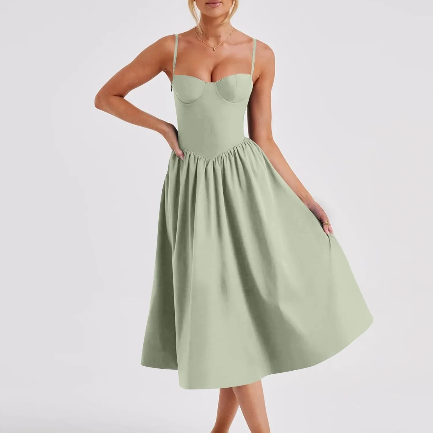 Women Corset Dress Sexy Spaghetti Strap Bustier Midi Dress Low Cut Flowy Pleated Hem Elegant Formal Dresses with Pockets